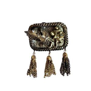 Antiqued Goldtone Rectangle Brooch Leaf and Flower Tassels 2"w x 2.75"l